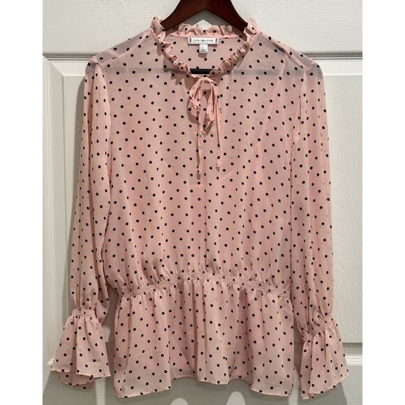 Tommy Hilfiger Pink Polka Dot Sheer Peplum Career Blouse Ruffle Sleeve Sz Large - Picture 1 of 6